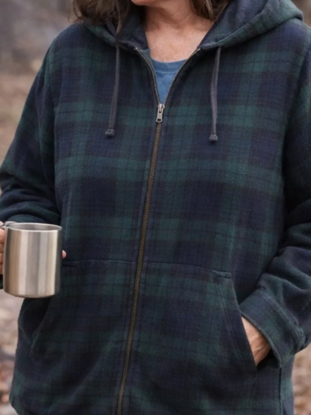 LL bean 1005 cotton hooded relaxed fit Plaid Zip flannel Jacket - Green & Navy